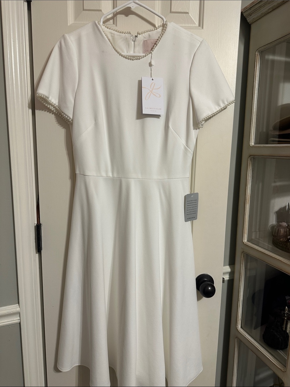 Gal Meets Glam Cream A-Line Short Sleeve Dress with Pearl Trim